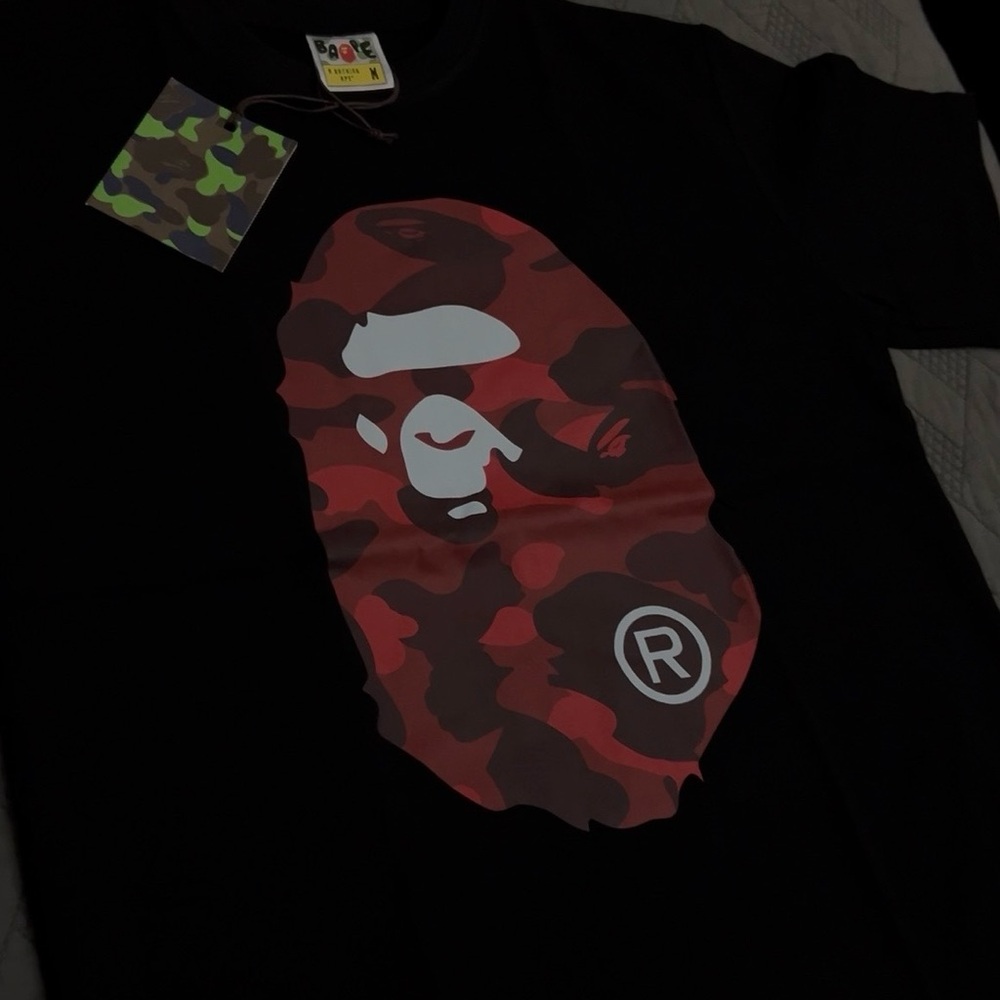 Bape Black Tee with Red Camo Ape Graphic